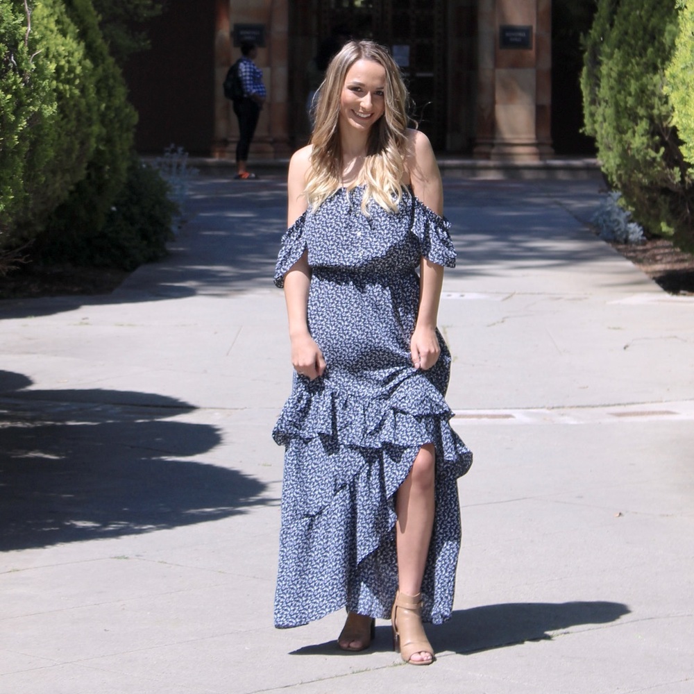 Blue Floral Maxi Dress, Off the Shoulder